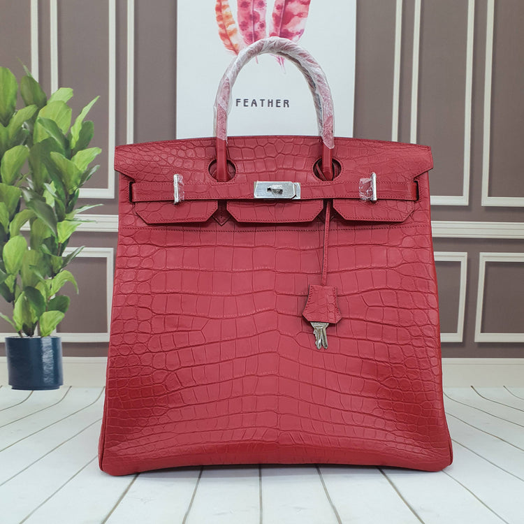 Genuine Crocodile Skin Leather Oversized Padlock Business Handbags Red