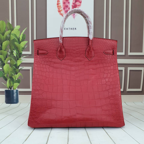 Genuine Crocodile Skin Leather Oversized Padlock Business Handbags Red
