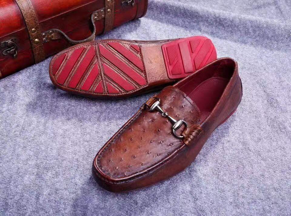 Crocodile Shoes Genuine Ostrich Leather Men's Moc Toe Bit Loafer Retro Brown