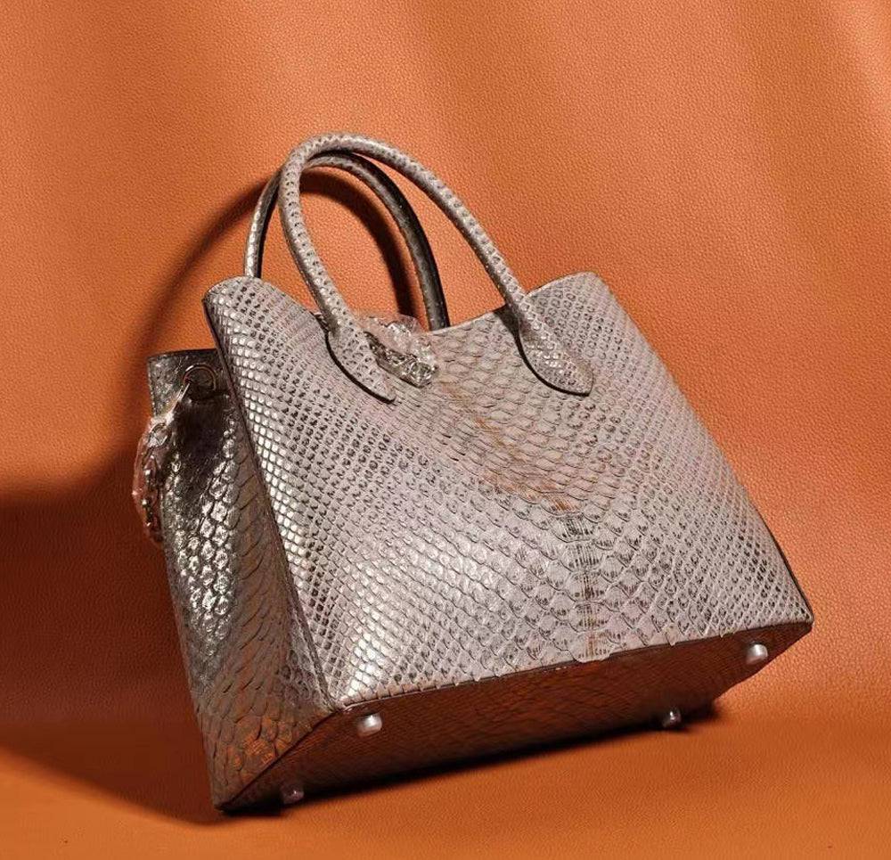 Genuine Python Leather Top Handle Tote Shoulder Bags Large Gold