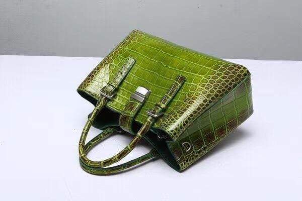 Genuine Crocodile Leather Top Handle Tote Shoulder Bag Vintage Green