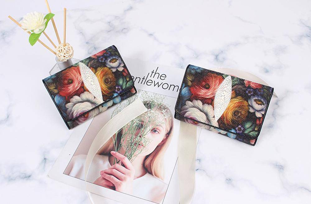 Genuine stingray TriFold Wallet With Floral For Women