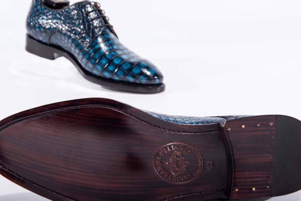 Crocodile Shoes Goodyear Welted Handmade Men Crocodile Leather Lace-Up Shoes,Teal Blue Mens Dress shoes