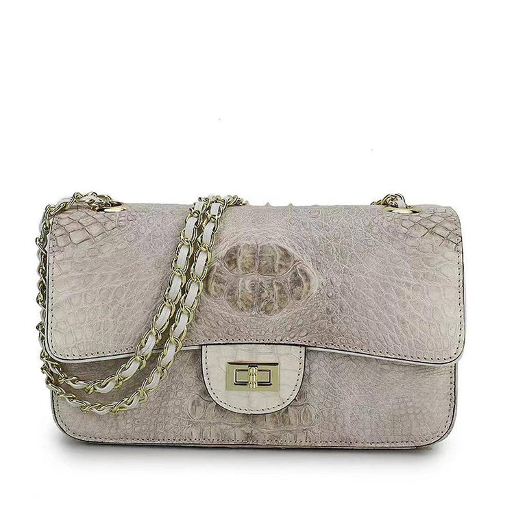 Himalaya White Crocodile Leather Flap Chain Shoulder Bag