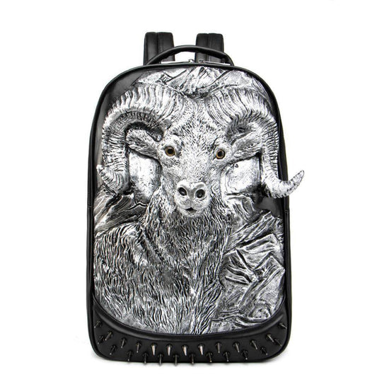 Large Studded Backpack 3D Goat Head Sculpture Backpack Laptop Travelling Rucksack Bag