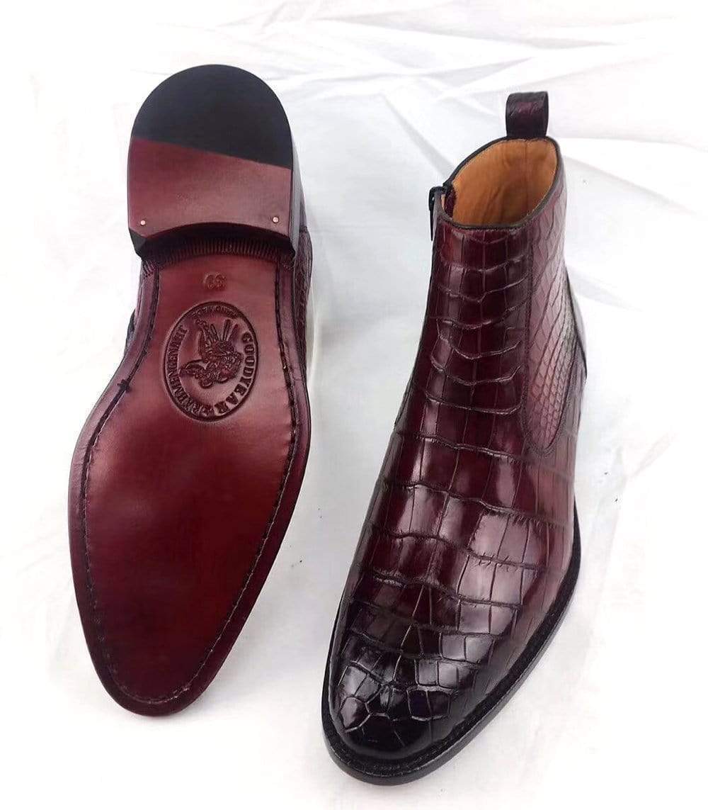 Mens Boots ,Crocodile Boots , Mens Vintage Crocodile Leather Side Zip Ankle Boots