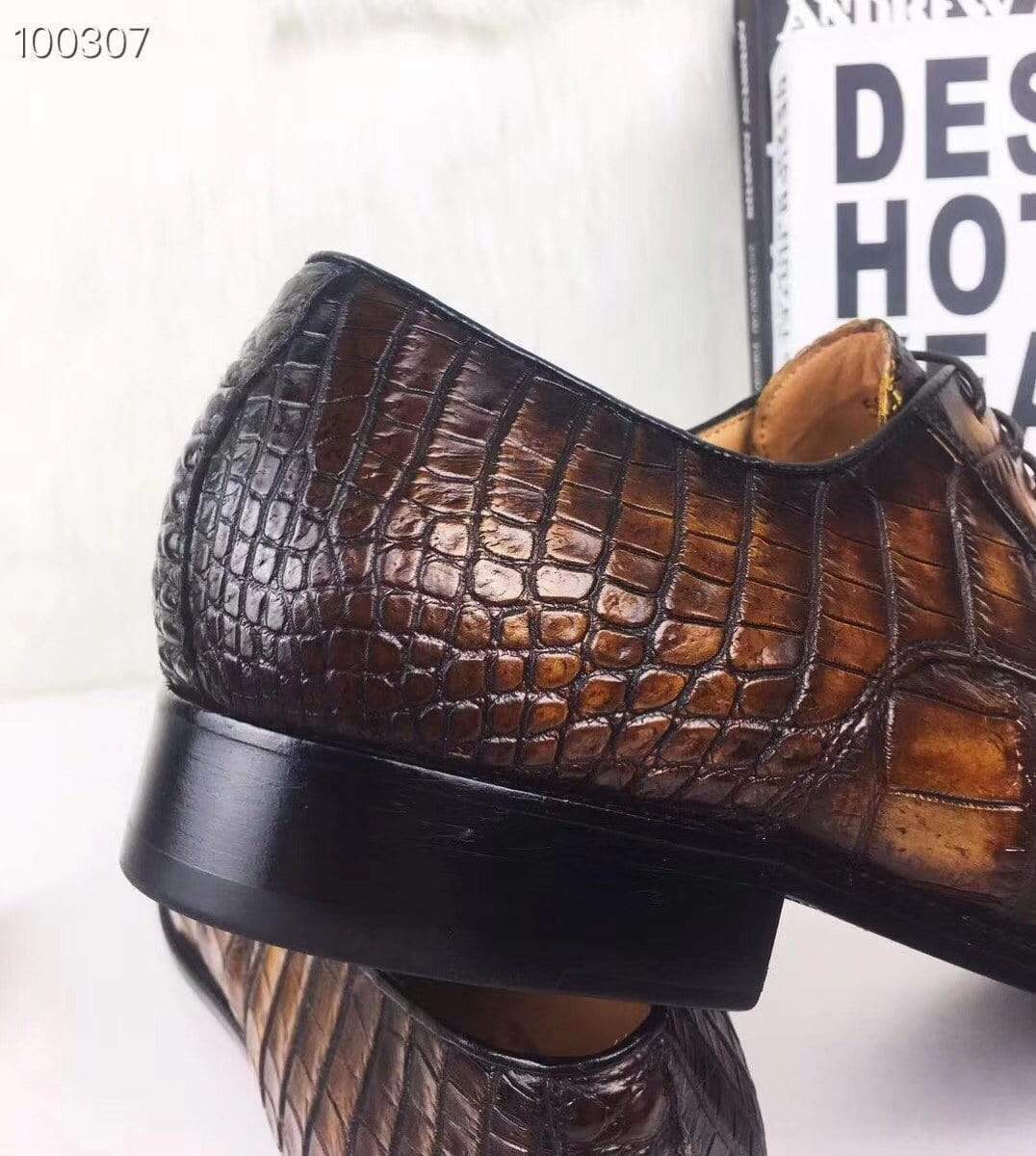 Crocodile Shoes Mens Dress Shoes, Modern Classic Round -Pointed toe crocodile bone leather Lace-up Casual Business Shoes