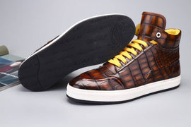 Crocodile Shoes Men's Sneakers , Genuine Crocodile Skin Leather High Heel Sneakers Grey,Brown