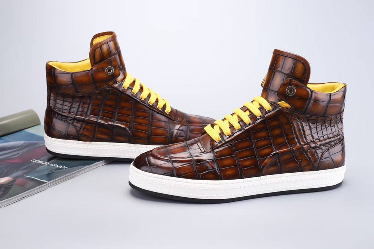 Crocodile Shoes Men's Sneakers , Genuine Crocodile Skin Leather High Heel Sneakers Grey,Brown