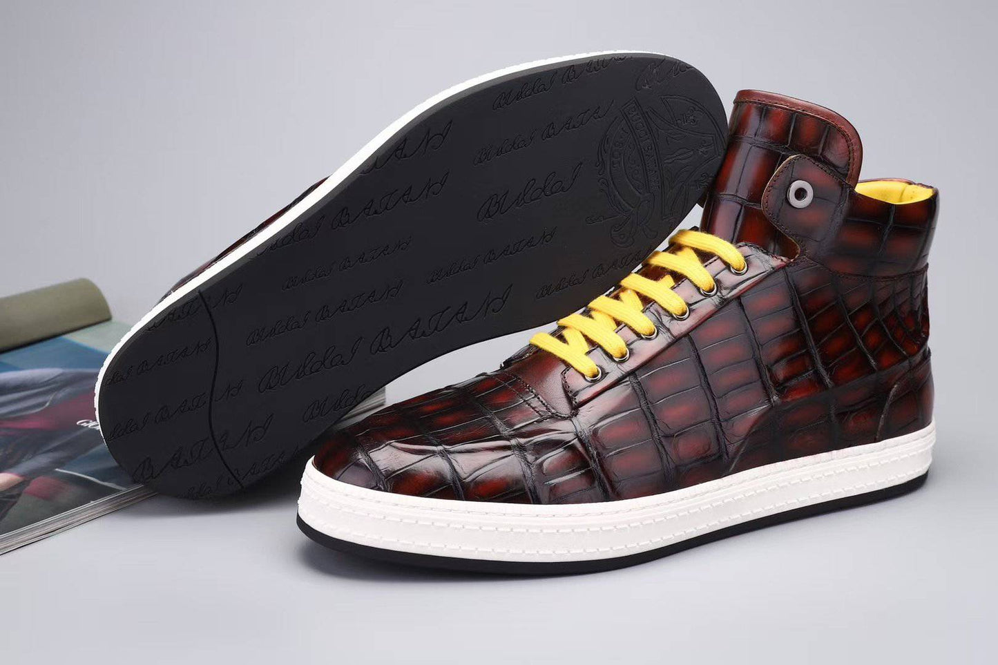 Crocodile Shoes Men's Sneakers , Genuine Crocodile Skin Leather High Heel Sneakers Wine Red