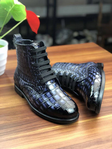 Crocodile Shoes Men's Vintage Crocodile Leather Lace-Up Boots