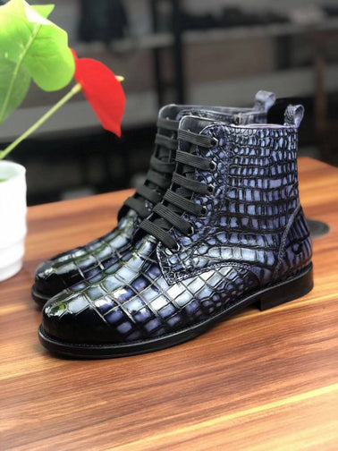 Crocodile Shoes Men's Vintage Crocodile Leather Lace-Up Boots