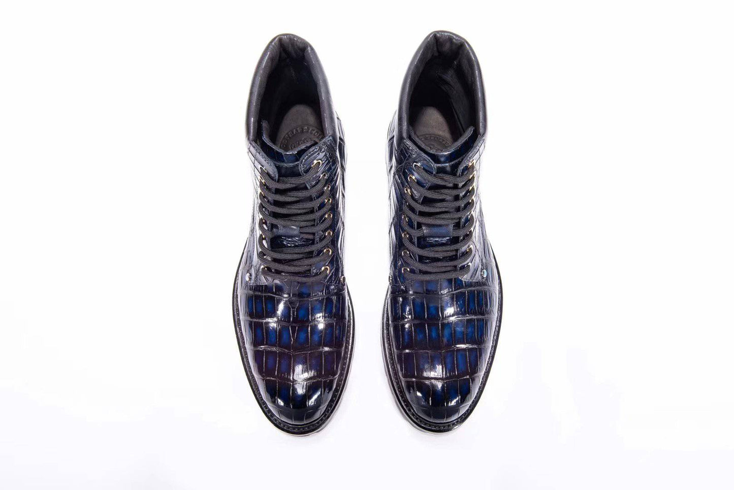 Crocodile Shoes Mens Boots Genuine Crocodile Skin Leather High-top Lace Up Anti-Slip Boot Vintage Blue