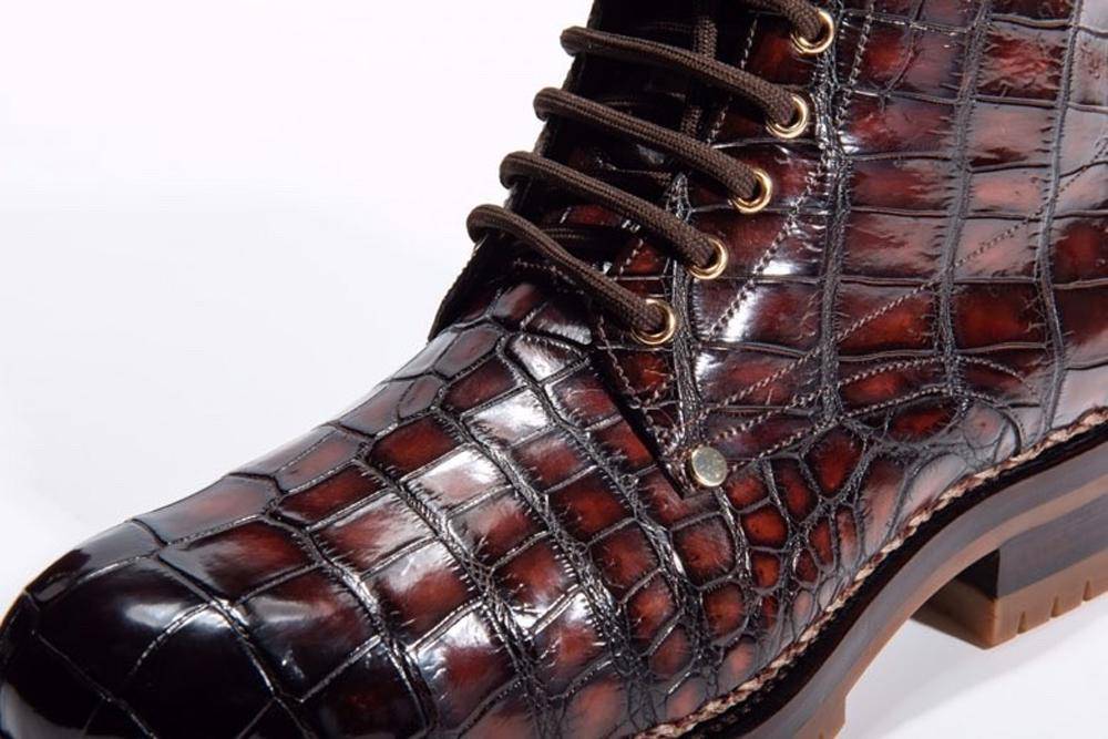 Crocodile Shoes Mens Boots Genuine Crocodile Skin Leather High-top Lace Up Anti-Slip Boot Wine Red