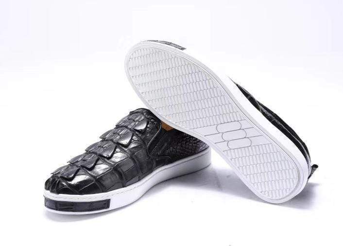 Crocodile Shoes Mens Crocodile Bone Leather Driving Shoes Slip on Flats Walking Shoes Black