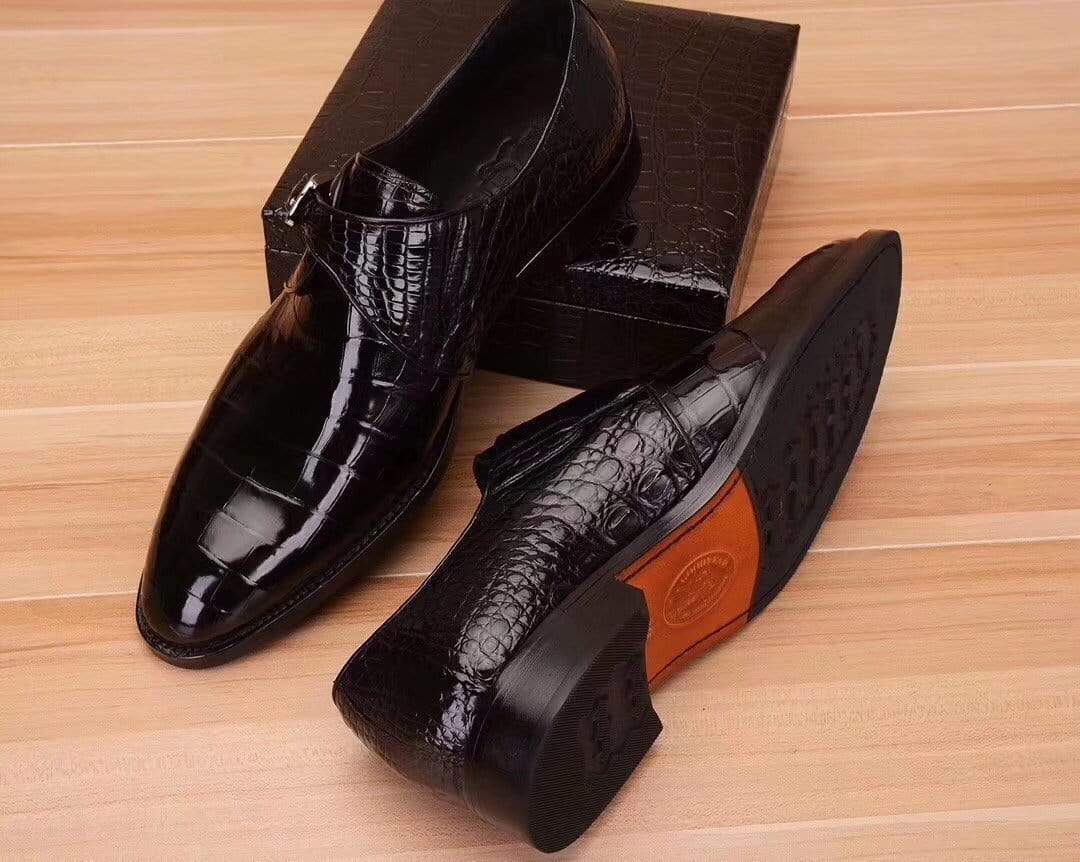Crocodile Shoes Mens Crocodile Leather Black Monk Shoes Slip on Smart Loafer