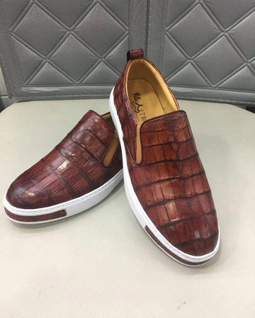 Crocodile Shoes Mens Crocodile Leather Brown Driving Shoes Slip on Flats Walking Shoes