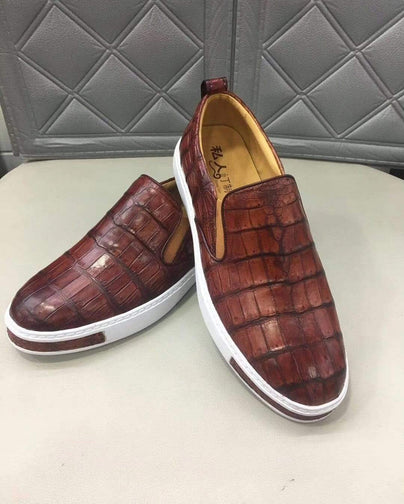 Crocodile Shoes Mens Crocodile Leather Brown Driving Shoes Slip on Flats Walking Shoes