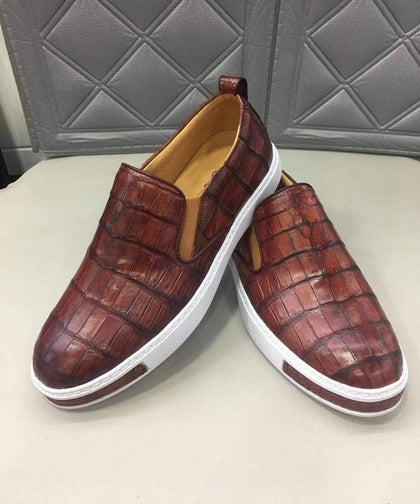 Crocodile Shoes Mens Crocodile Leather Brown Driving Shoes Slip on Flats Walking Shoes