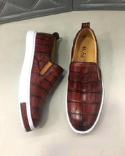 Crocodile Shoes Mens Crocodile Leather Brown Driving Shoes Slip on Flats Walking Shoes