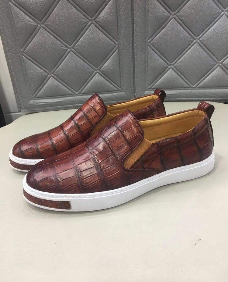 Crocodile Shoes Mens Crocodile Leather Brown Driving Shoes Slip on Flats Walking Shoes