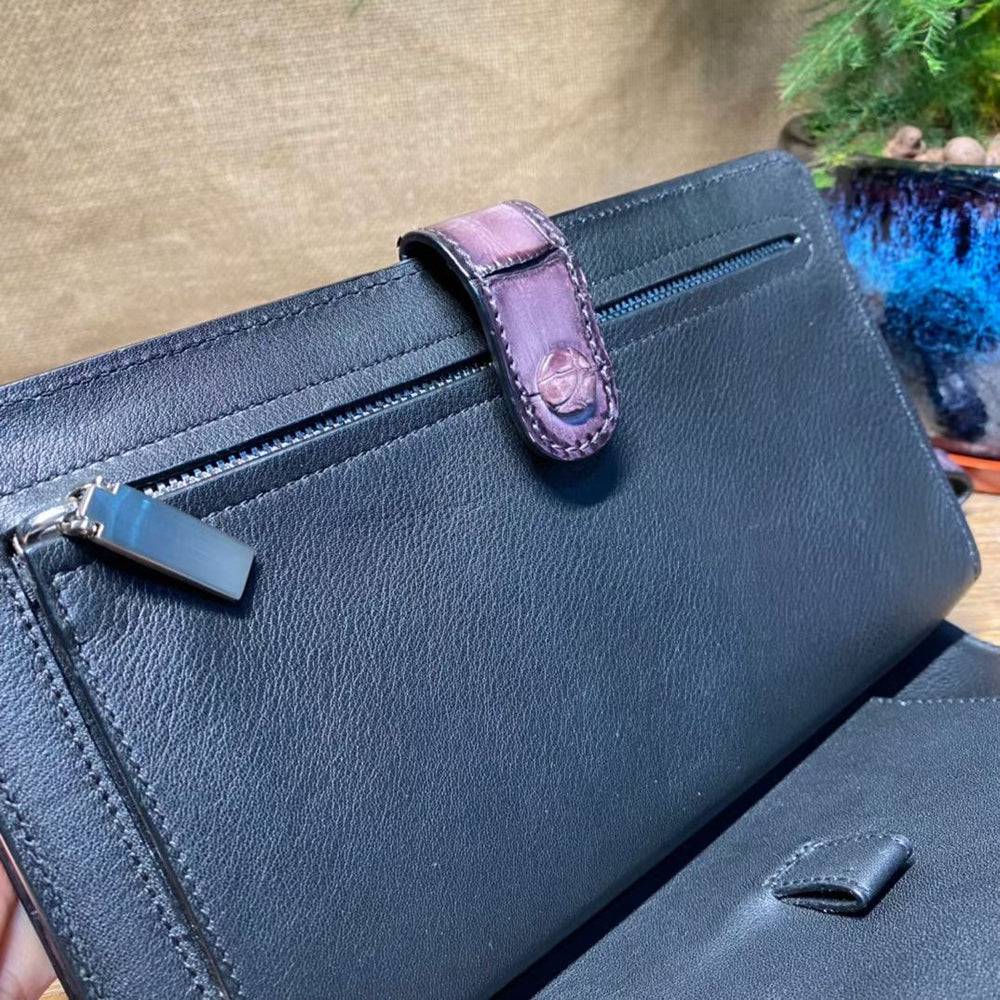 Mens Crocodile Leather Wallet Business Notebook Wrist Clutch Bag Vintage Purple