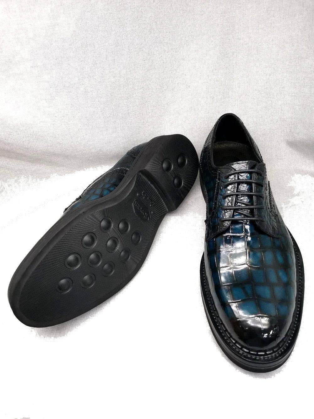 Crocodile Shoes Mens Genuine Crocodile Leather Derby Lace Up Dress Shoe Vintage Blue