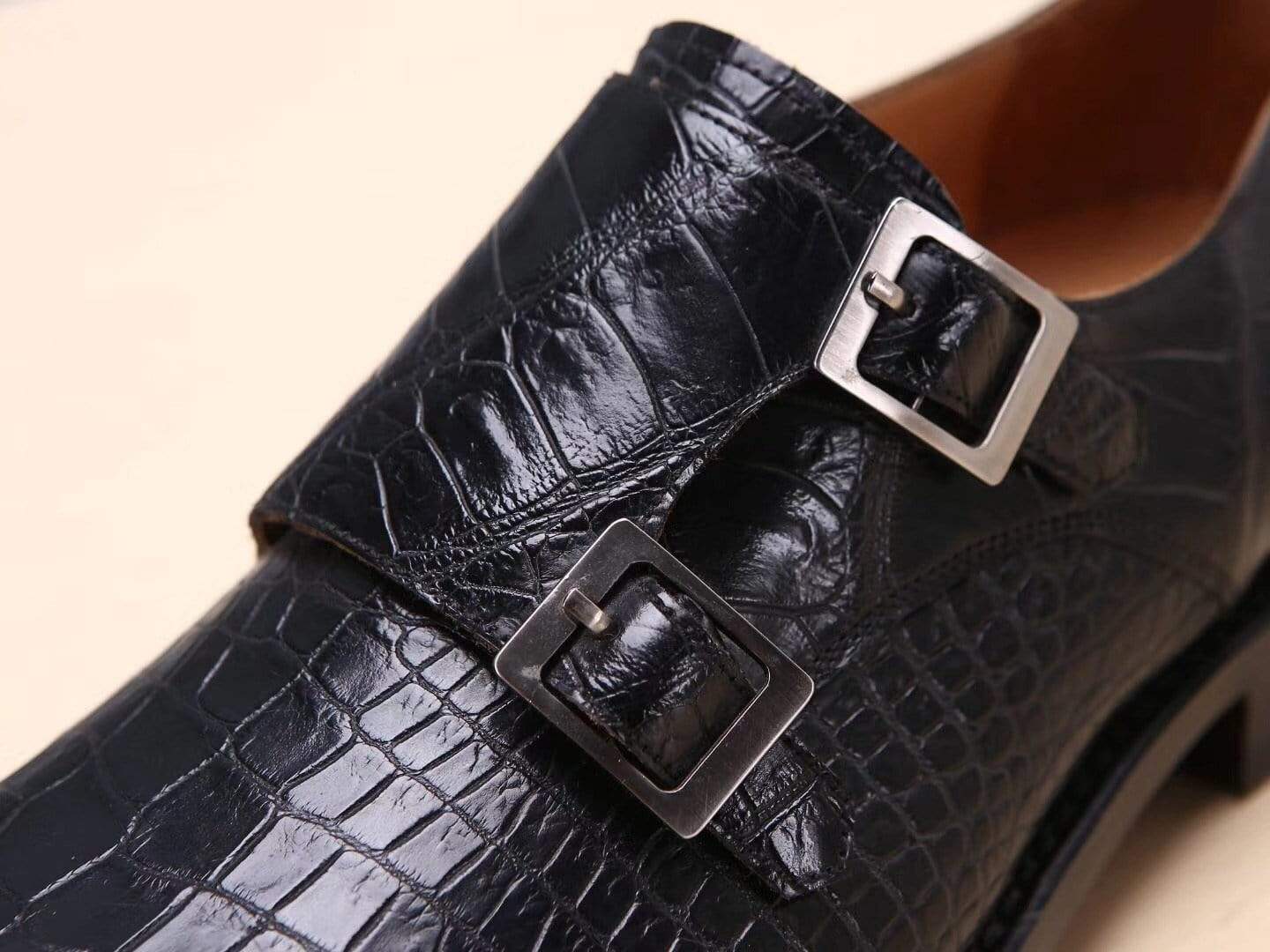 Crocodile Shoes Mens Shoes Black Crocodile Leather Monk Double Strap Dress Shoes,Goodyear Sole