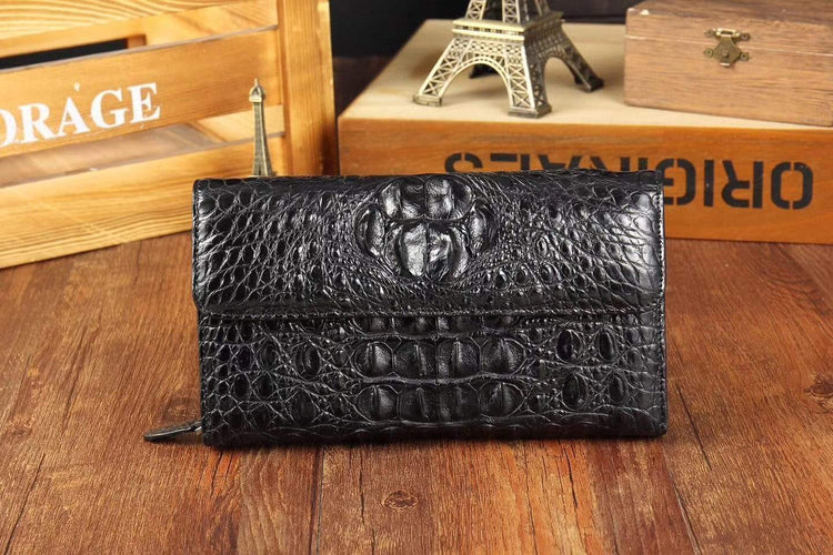 Preorder Crocodile Skin Belly Leather Trifold Wallet Clutches For Men Black