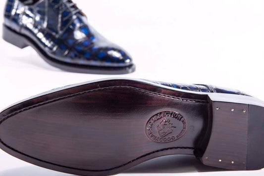 Preorder Handmade Men Crocodile Leather Lace-Up Shoes Dark Blue