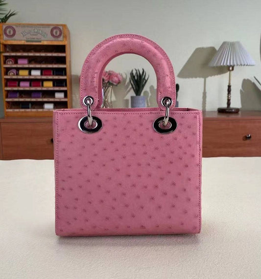 Small Genuine Ostrich Leather Top Handle Bag Pink