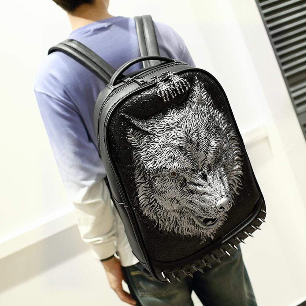 Unisex 3D Angry Wolf PU Leather Casual Laptop Rivet Fashion Backpack