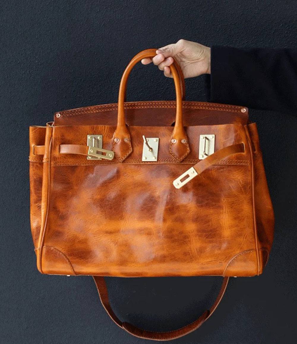 Unisex Large Vintage Vegetable Tanned Leather Padlock Tote Bag