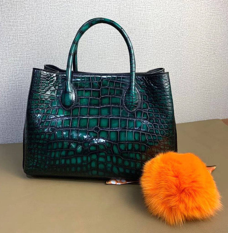 Vintage Genuine Crocodile Leather Top Handle Shoulder Tote Purse Messenger Bags 30cm Emerald Green