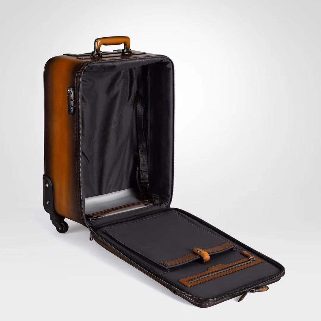 Vintage Smooth Cowhide Leather Voyager 4 Wheeled Leather Trolley Travel Bag