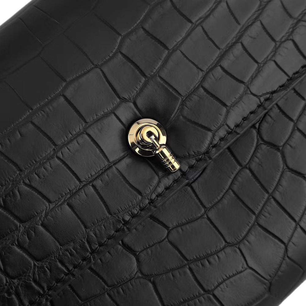 Women's Crocodile Leather Pouches Chain Pouchette Clutch Bags Black