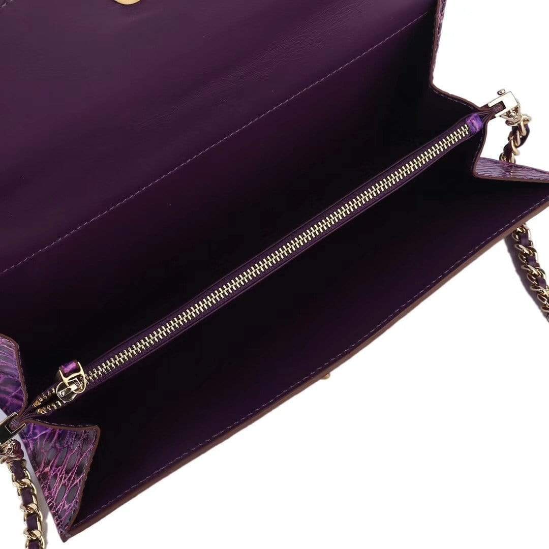 Women's Crocodile Leather Pouches Chain Pouchette Clutch Bags Purple