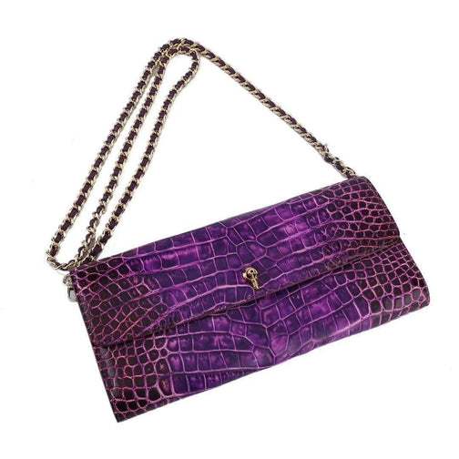 Women's Crocodile Leather Pouches Chain Pouchette Clutch Bags Purple