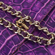 Women's Crocodile Leather Pouches Chain Pouchette Clutch Bags Purple