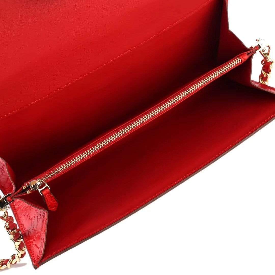 Women's Crocodile Leather Pouches Chain Pouchette Clutch Bags Red