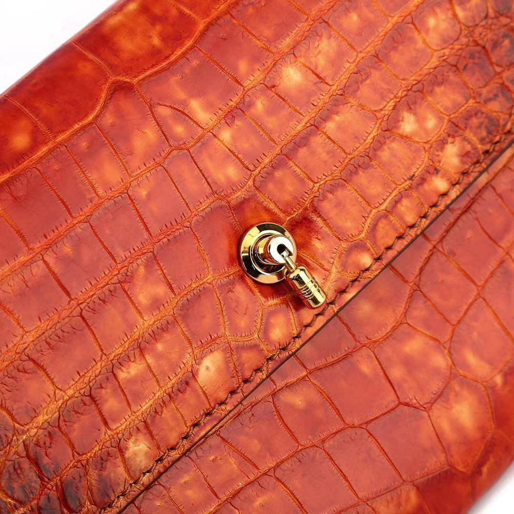 Women's Crocodile Leather Pouches Chain Pouchette Clutch Bags Orange