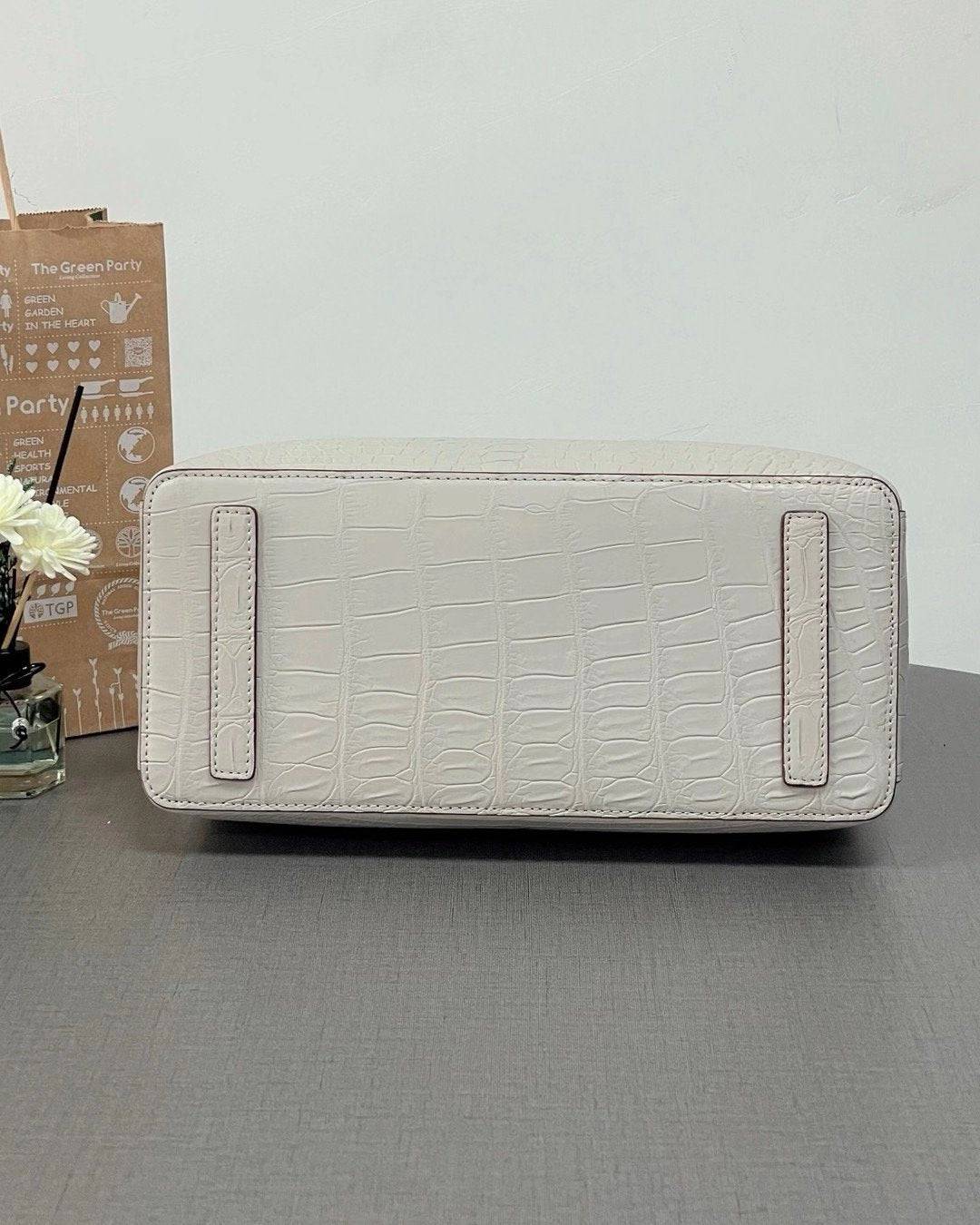 Women's Genuine Crocodile Leather Top Handle Shoulder Tote Purse Messenger Bags Cream 32cm