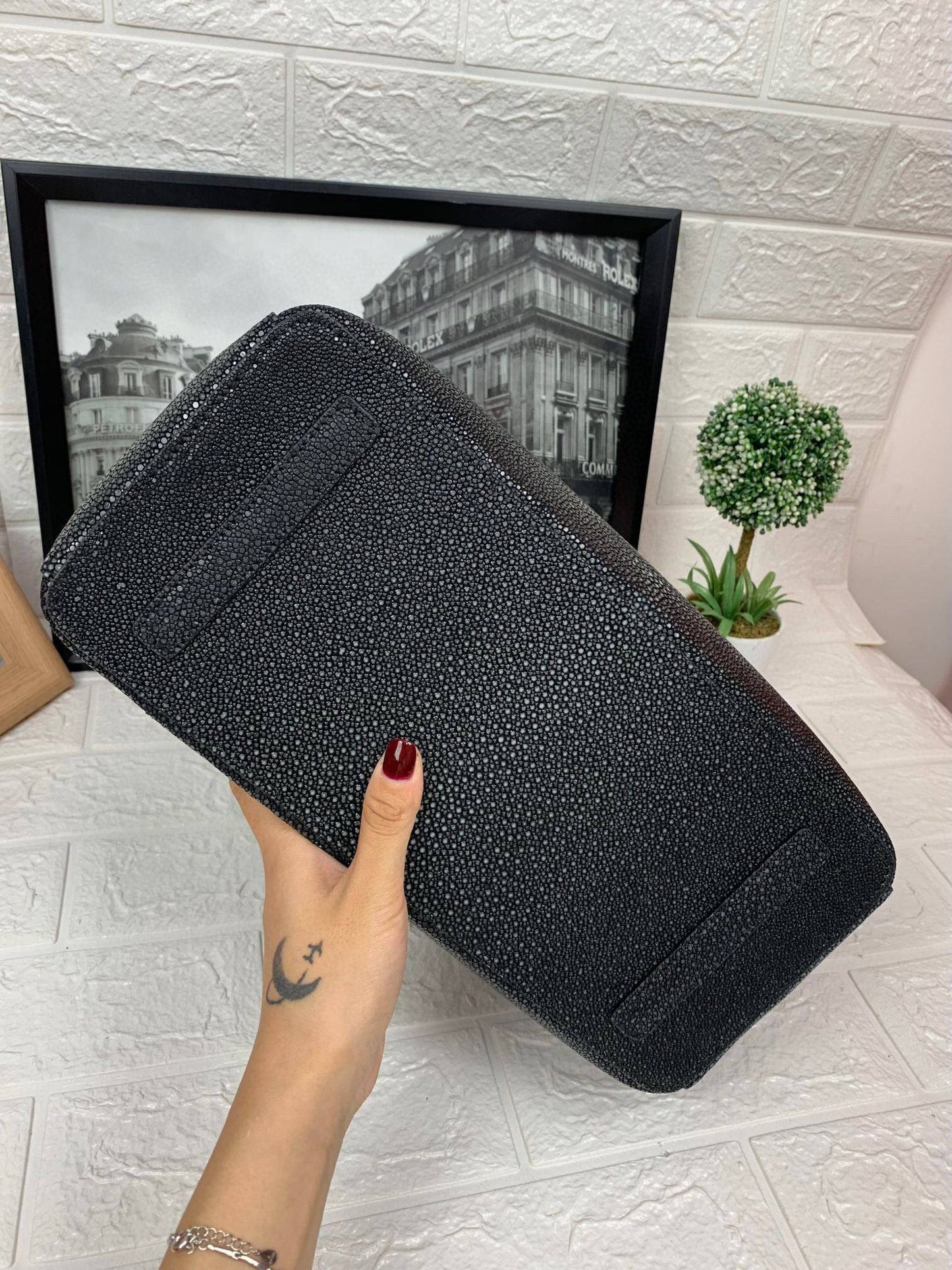 Women's Genuine Pearl Stingray Leather Top Handle Tote Shoulder Bag