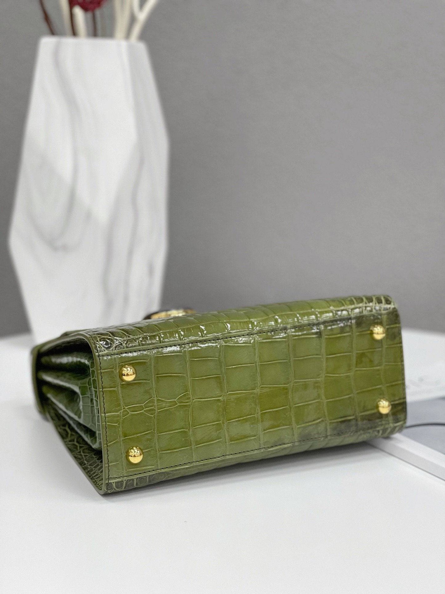 Women's High Glossy Beaded Crocodile Leather Top Handle Cross Body Bag