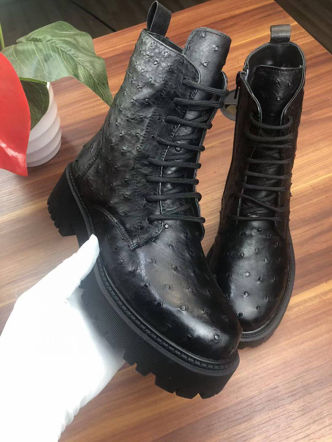 Crocodile Shoes Women's Ostrich Leather Parker Combat Boots Black