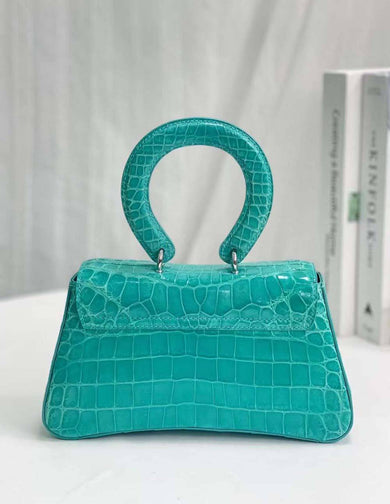 Women Shiny Crocodile Leather Cross Body Round Handle Bag Mini