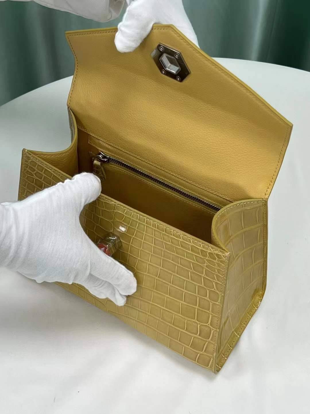Womens Beige Shiny Crocodile Leather Top Handle Cross Body Bag