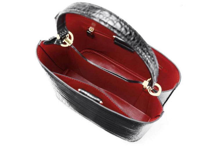 Womens Crocodile Leather Black Backet Shoulder Bags