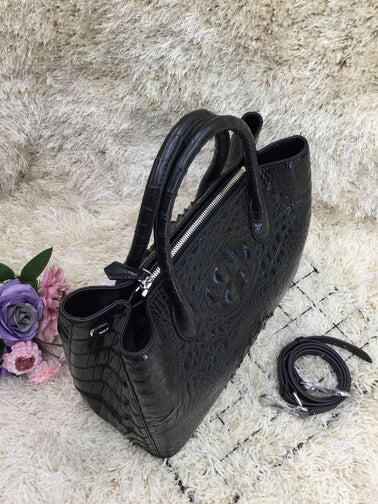 Womens Crocodile Skin Leather Satchel Bag 30cm Black