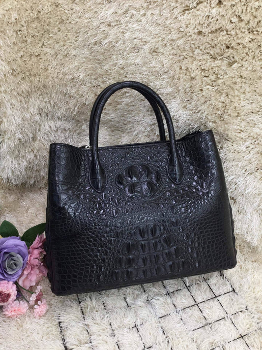 Womens Crocodile Skin Leather Satchel Bag 30cm Black